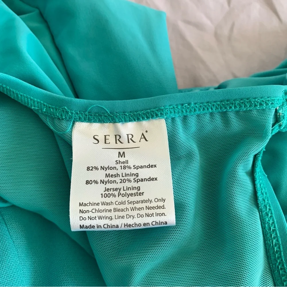 Serra Teal‎ Ruffle-Shoulder One-Piece Swimsuit Medium Padded Bra Plunging Neck